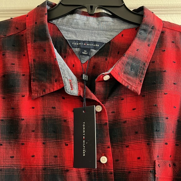 NWT 🌲 TOMMY HILFIGER RED/BLACK TEXTURED BUTTON DOWN LONG SLEEVE PLAID SHIRT 3X - Picture 3 of 10
